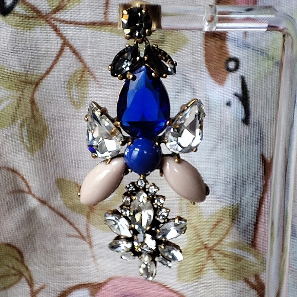 J. Crew Brand Sapphire Blue Opaque Cabachons Clear Rhinestones Pierced Earrings